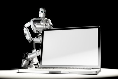 Robot with blank screen laptop. Image containc lipping path of laptop screen and entire scene clipart