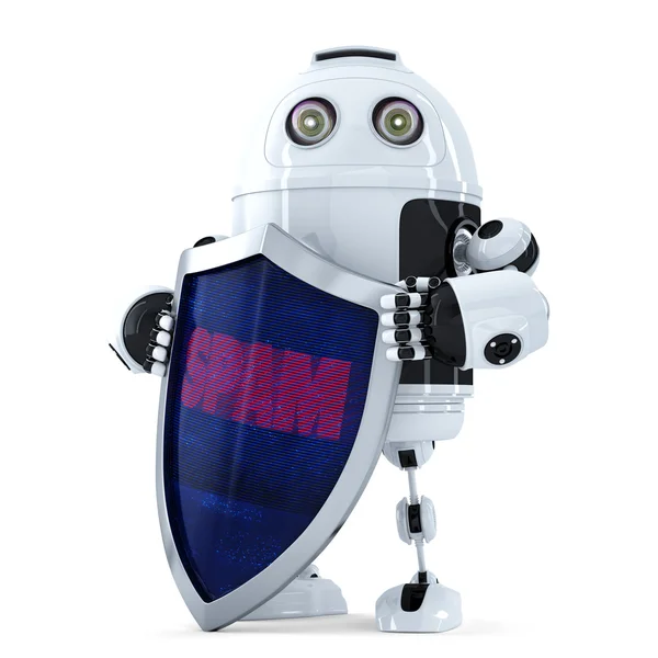 Robot met het schild. Spam bescherming concept. Geïsoleerd. Bevat uitknippad — Stockfoto