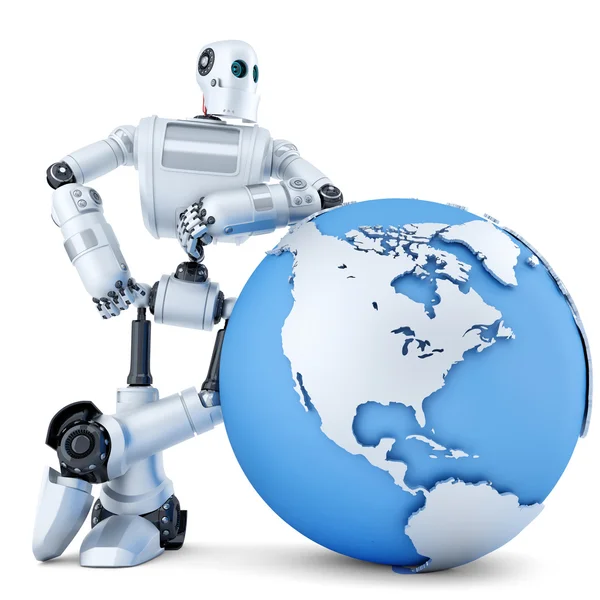 3D-robot staande met globe. Technologie concept. Geïsoleerd. Bevat uitknippad — Stockfoto