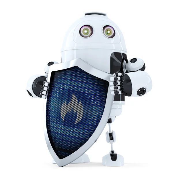 Robot with shield. Firewall protection concept. Isolated. Contains clipping path — 图库照片