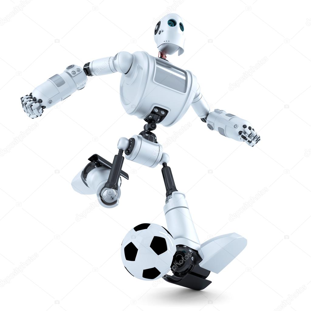 3D Robot playing football. Isolated. Contains clipping path