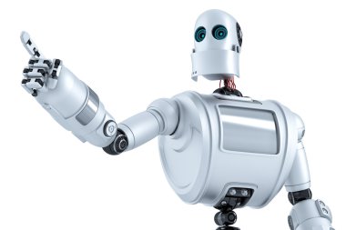 Robot pointing at invisible object. Isolated. Contains clipping path
