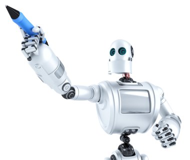 Robot writing on invisible screen. Closeup portrait. Isolated. Contains clipping path