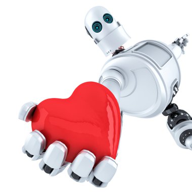 Robot holds heart in his hand. Isolated. Contains clipping path