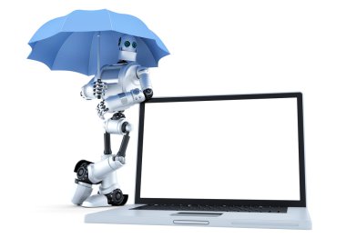 Robot ile laptop şemsiyesi altında. Dijital koruma kavramı. İzole. Kırpma yolunu içerir