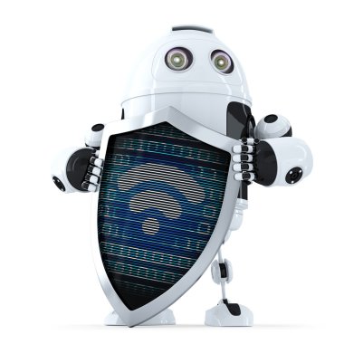 Bu kalkan ve wifi sembolü ile robot. Internet güvenlik kavramı. İzole. Kırpma yolunu içerir