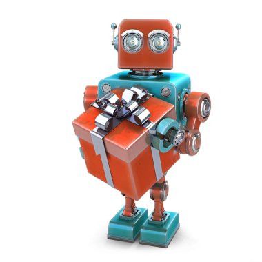 Vintage robot hediye kutusu ile. İzole. Kırpma yolunu içerir