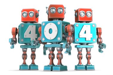 404 işaretiyle vintage robotlar grubu. İzole. Kırpma yolunu içerir