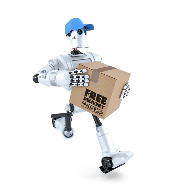 3D Courier Robot with package. Free delivery concept. Isolated. Contains clipping path — Stock Photo, Image