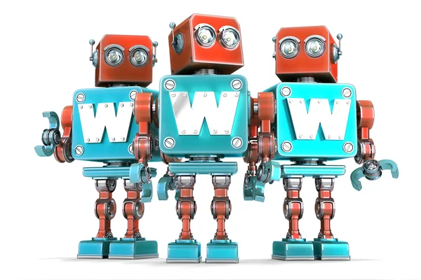 Gruppe von Oldtimer-Robotern mit WWW-Zeichen. Technologiekonzept. Vereinzelt. enthält Schnittpfad — Stockfoto