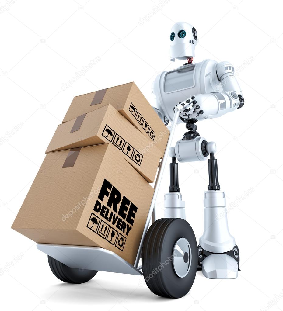 3d Courier Robot with hand truck. Free delivery concept. Isolated with clipping path