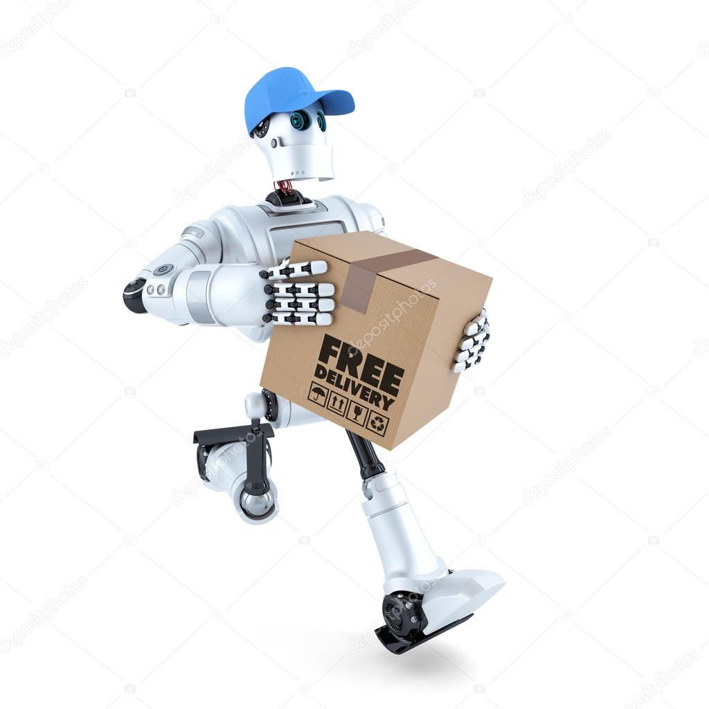 3D Courier Robot with package. Free delivery concept. Isolated. Contains clipping path