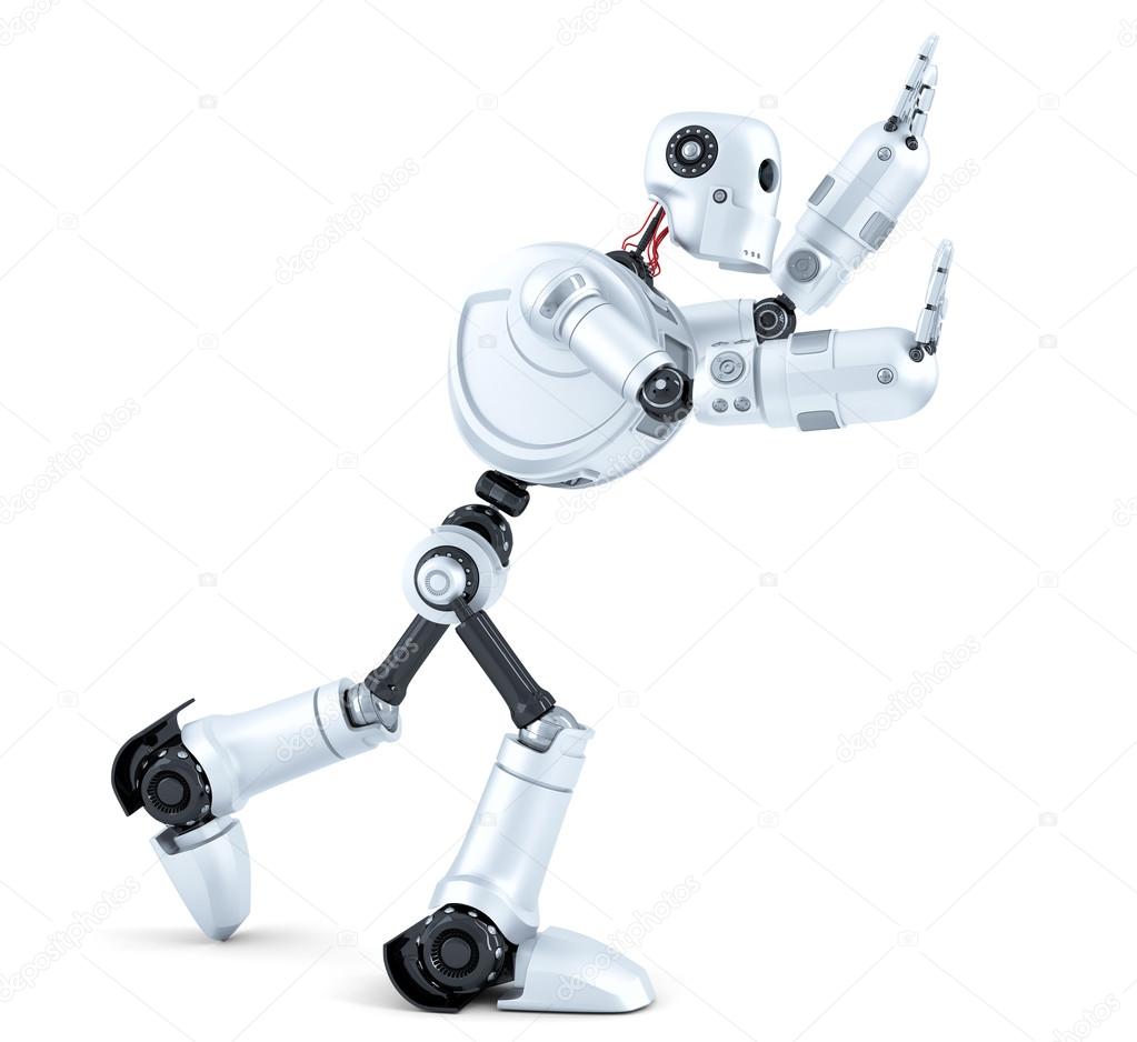 3d Robot pushing an invisible object. Isolated. Contains clipping path