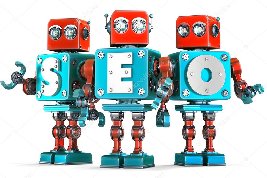 Group of vintage robots with SEO sign. SEO optimization concept. Isolated. Contains clipping path