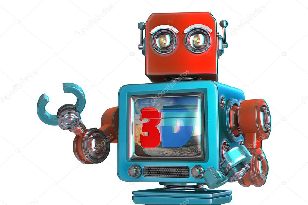 Robot with TV screen. 3D TV concept image. Isolated. Contains clipping path