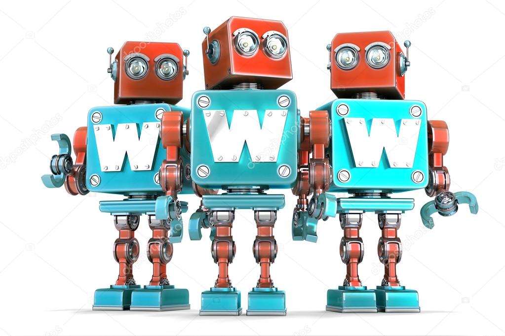 Group of vintage robots with WWW sign. Technology concept. Isolated. Contains clipping path