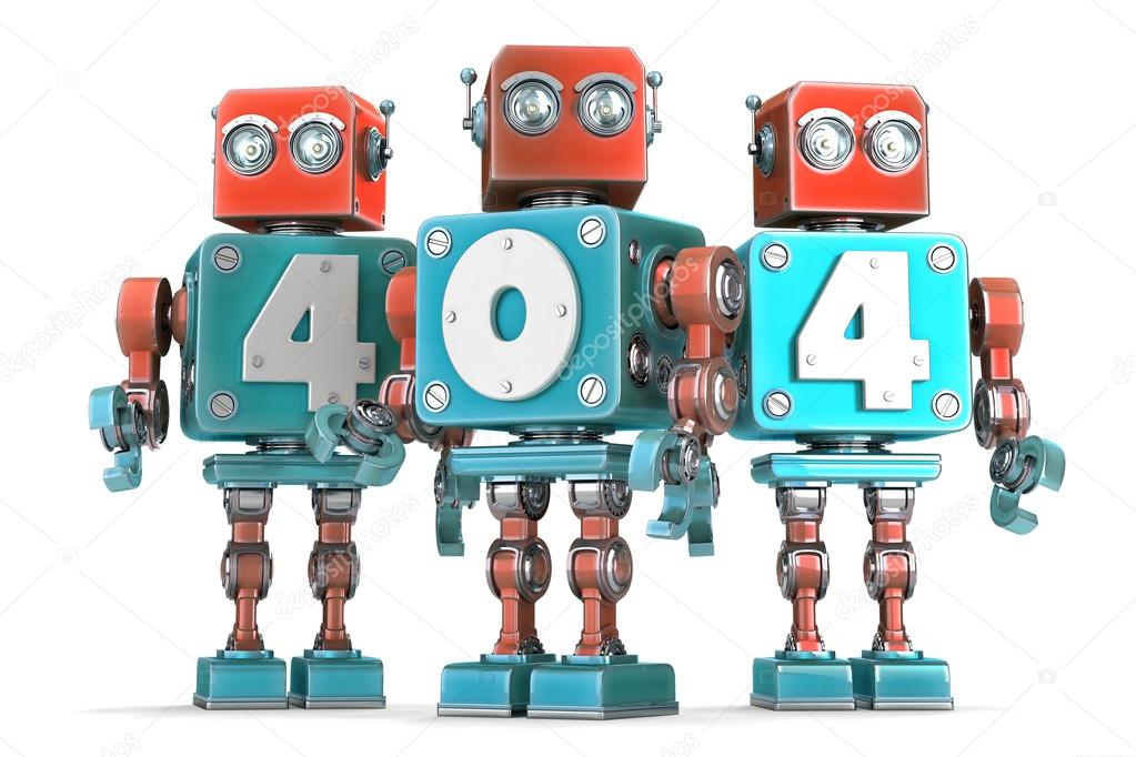 Group of vintage robots with 404 sign. Isolated. Contains clipping path