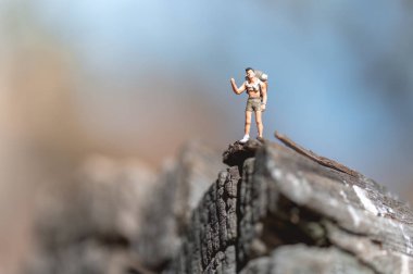 Zorlu bir yürüyüşten sonra dağın zirvesine ulaşmayı kutlayan minyatür bir figür başarı ve macera duygusunu aktarıyor.