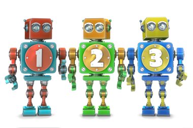 Vintage robotlar üzerinde renkli 123 numaraları. İzole. Kırpma yolunu içerir