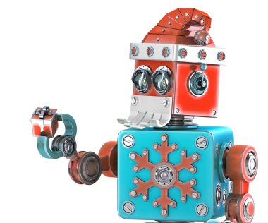 Noel Baba'nın şapka hediye kutusu holding ile şirin retro robot. İzole. Kırpma yolunu içerir