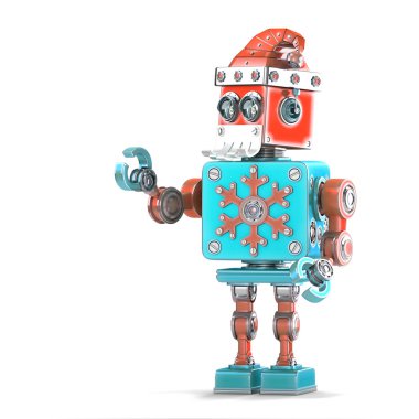 Robot Noel Baba görünmez nesnede işaret. İzole. Kırpma yolunu içerir
