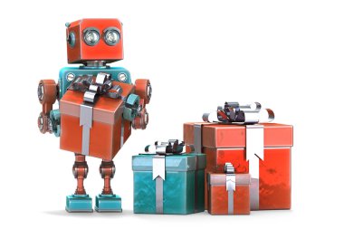 Hediye kutuları ile robot. İzole. Kırpma yolunu içerir.