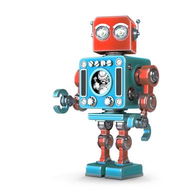 Retro Robot ayakta. İzole. Kırpma yolunu içerir