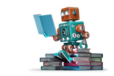 Retro robot bir kitap okuma. İzole. Kırpma yolunu içerir