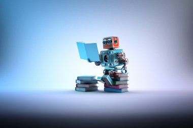 Robot bir sürü kitap üzerinde oturuyor. Kırpma yolunu içerir
