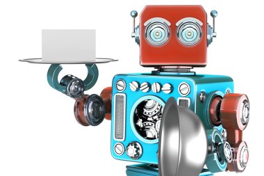 Retro robot bir tepsi ile boş kartı tutan. İzole. Kırpma yolunu içerir
