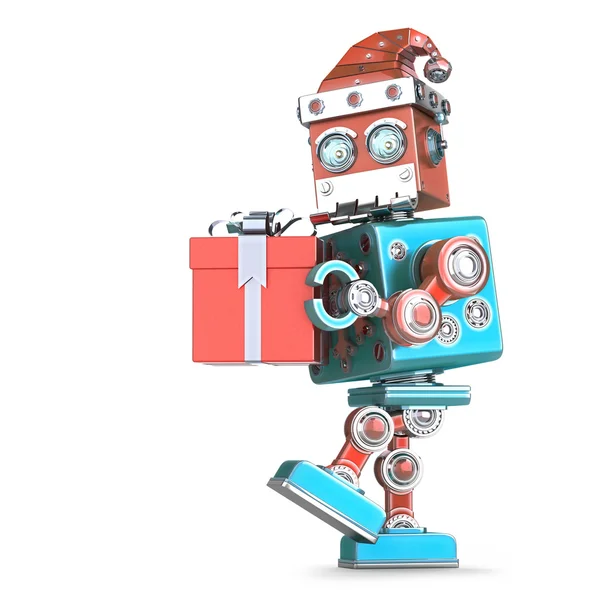 Robot Papai Noel andando com presente. Isolado. Cnotains caminho de recorte — Fotografia de Stock