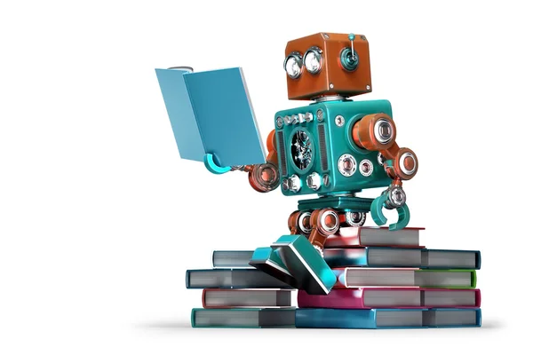 Robot retro leyendo un libro. Aislado. Contiene ruta de recorte — Foto de Stock