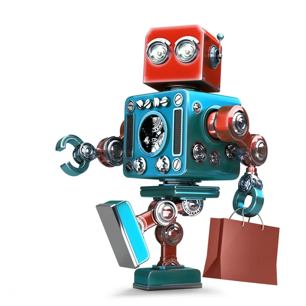 Alışveriş sepeti ile retro robot. İzole. Kırpma yolunu içerir