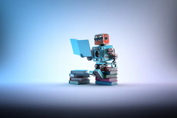 Robot zittend op een heleboel boeken. Bevat uitknippad — Stockfoto