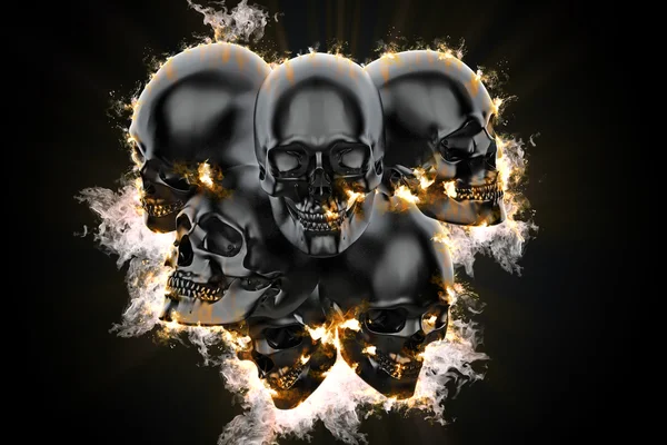 Skulls i lågan. 3D illustration — Stockfoto