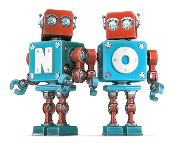 Retro Robots gruppe med NO-skilt. Isolert. Knutepunkter klippebane – stockfoto