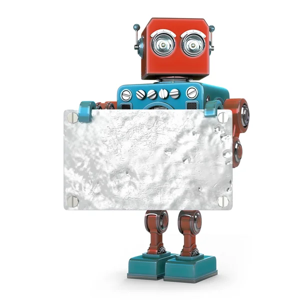 Robot retro cu placă albă metalică. Izolat. Conține cale de tăiere — Fotografie, imagine de stoc