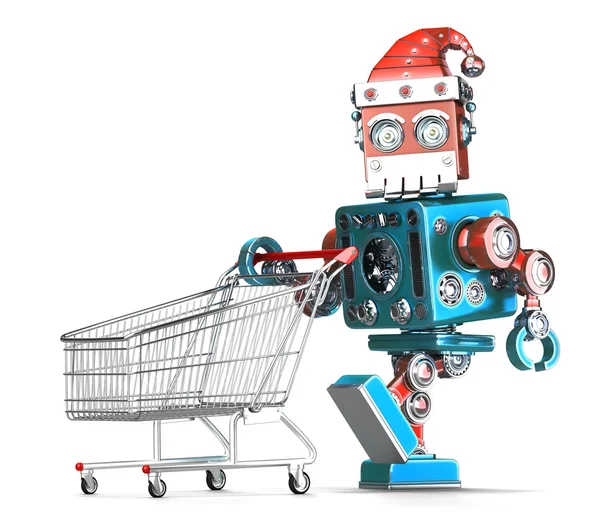 Vintage Robot Santa with shopping cart. Isolated. Contains clipping path — Stock Photo, Image