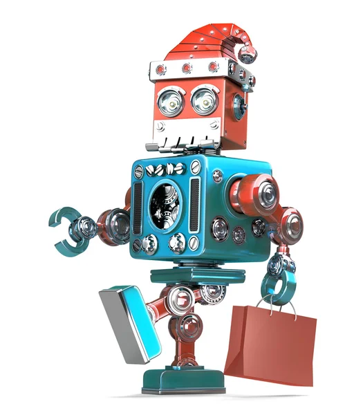 Roboter-Weihnachtsmann geht mit Einkaufstasche. Vereinzelt. enthält Schnittpfad — Stockfoto