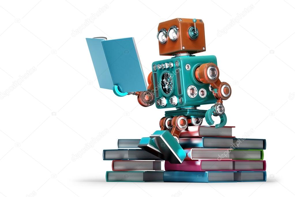 Retro robot reading a book. Isolated. Contains clipping path — Stock