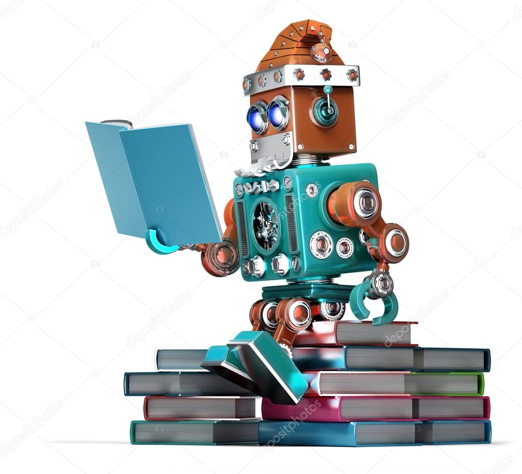 Robot Santa reading books. Isolated. Contains clipping path
