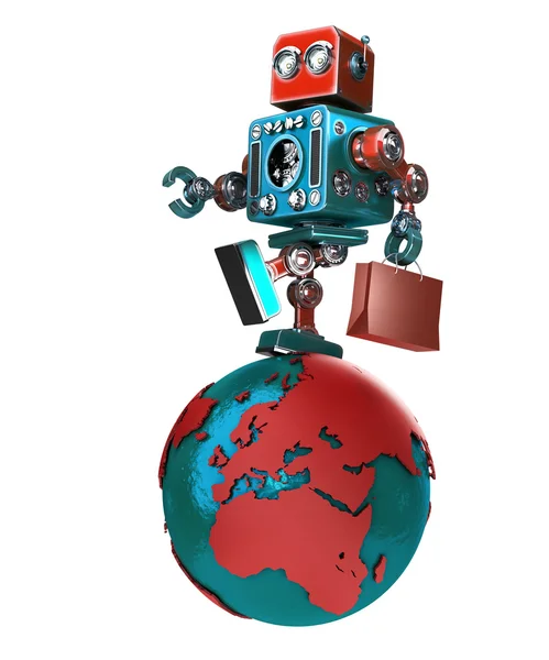 Retro Robot with shoppin bag walking around the globe. Isolated. Contains clipping path — Stock Photo, Image