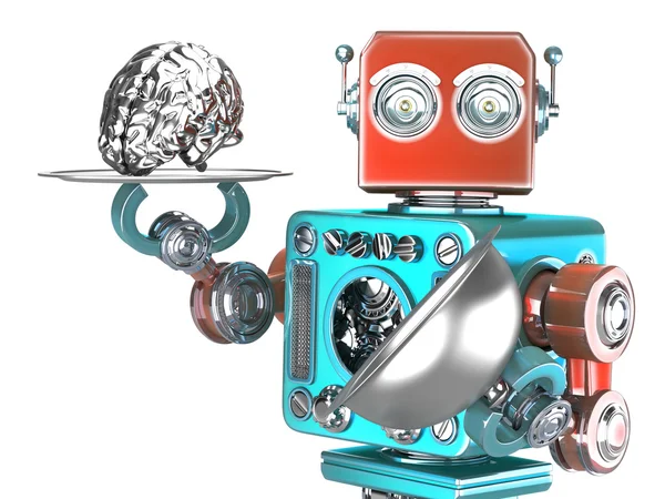 Roboter mit Tablett und menschlichem Gehirn. Künstliche Intelligenz. Vereinzelt. enthält Schnittpfad — Stockfoto