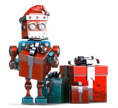 Retro Santa Robot hediye kutuları ile. Noel kavramı. İzole, kırpma yolu içerir