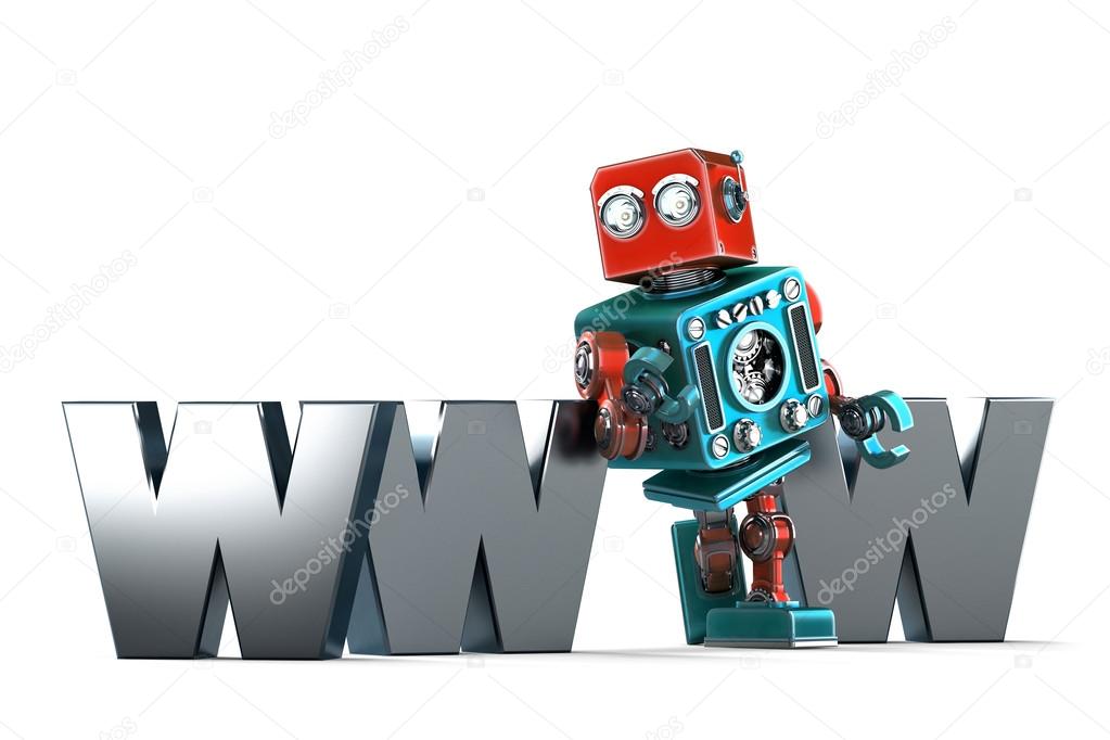 Retro Robot with WWW sign. Technology concept. Isolated. Contains clipping path