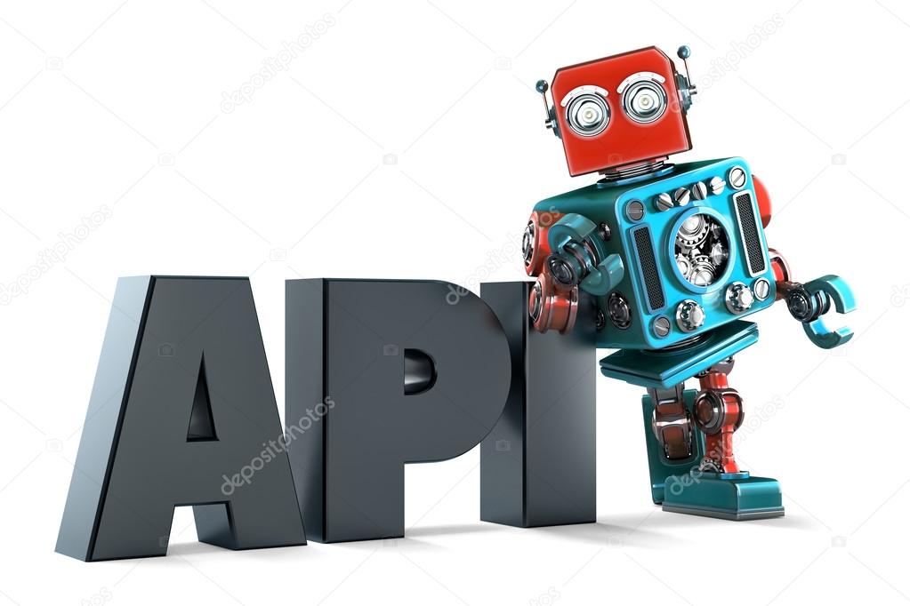Retro Robot with application programming interface sign. Isolated. Contains clipping path