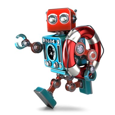 Vintage robot Lifebuoy ile çalıştırın. İzole. Kırpma yolunu içerir