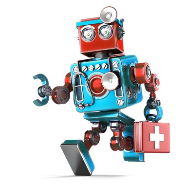 Robot doktor stetoskop ile çalışıyor. İzole. Kırpma yolunu içerir