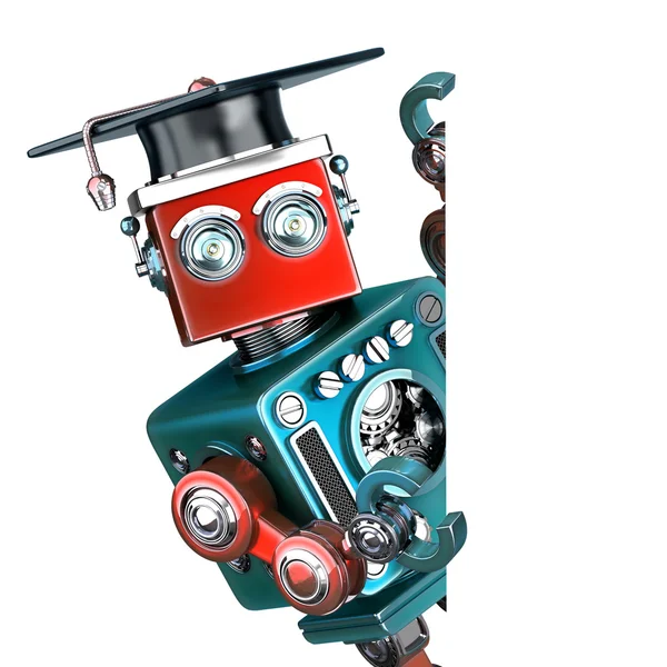 Graduate Vintage Robot with a blank banner. Isolated. Contains clipping path — Stock Photo, Image