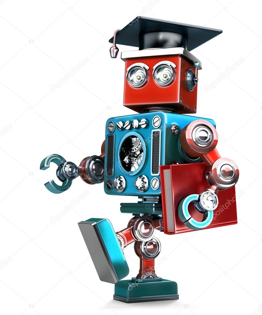 Graduating Robot in grad hat with book. Isolated. Contains clipping path